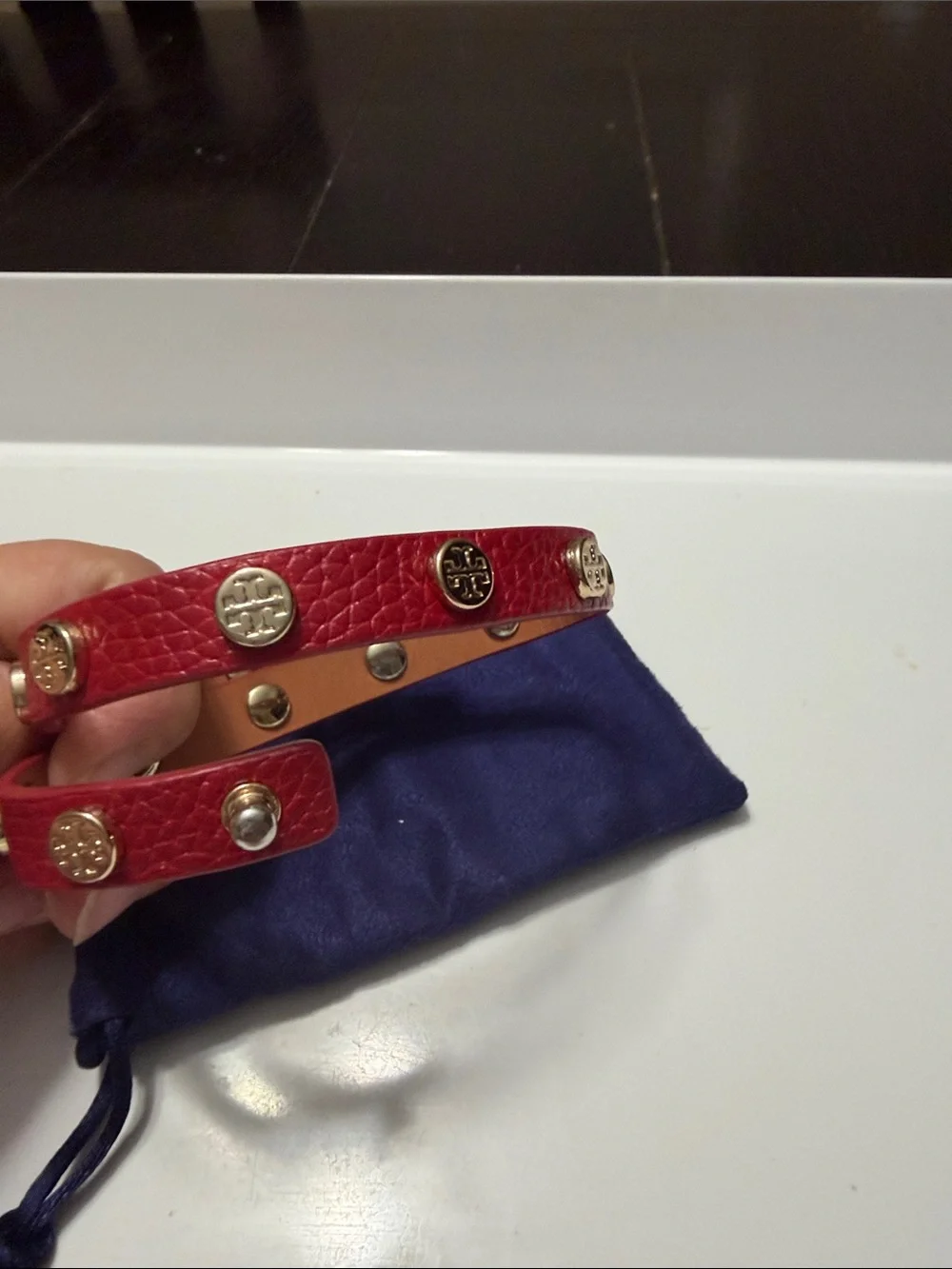 Tory Burch Red Leather Double-Wrap Bracelet with Gold Logo Studs
